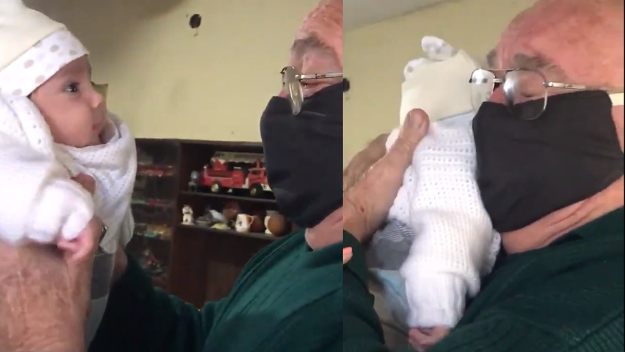 ¡Conmovedor! Después de dos meses, un abuelo por fin pudo conocer a su bisnieta que nació en cuarentena | Virales