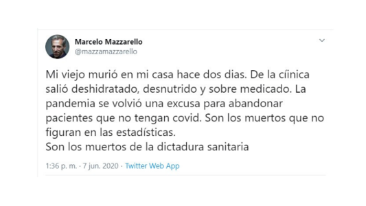Marcelo Mazzarello se despidió de su papá alegando negligencia médica por la cuarentena