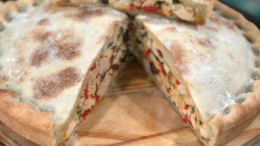 Tarta de pollo asado, espinaca y queso