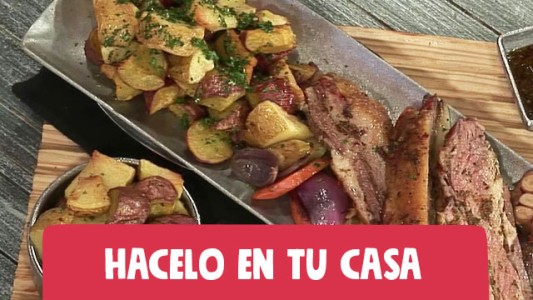 Vacío al horno con papas y batatas