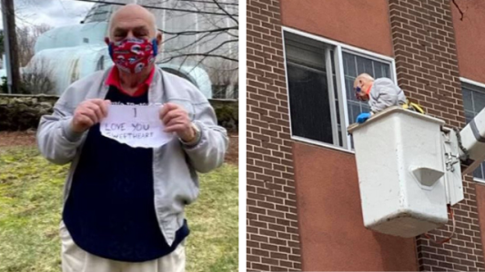 Romeo y Julieta versión cuarentena: se subió a una grúa para ver a su esposa