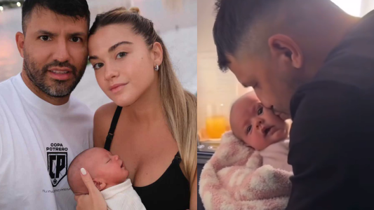 ¡Un papá baboso! El Kun Agüero viajó en avión con su bebé de un mes